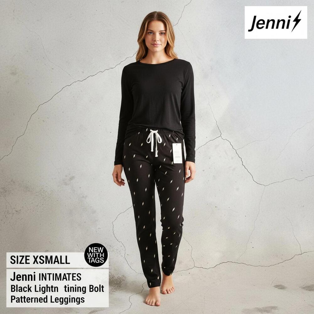 Jenni Intimates Black Lightning Bolt Patterned Leggings